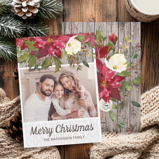 Cartes Pour Fêtes Annuelles Poinsettia Rustic Bois dentelle Photo Joyeux Noël (Poinsettias and rustic wood Christmas photo greeting card)