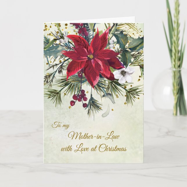 Cartes Pour Fêtes Annuelles Poinsettia, sainte, pin Noël Mère en droit (Devant)