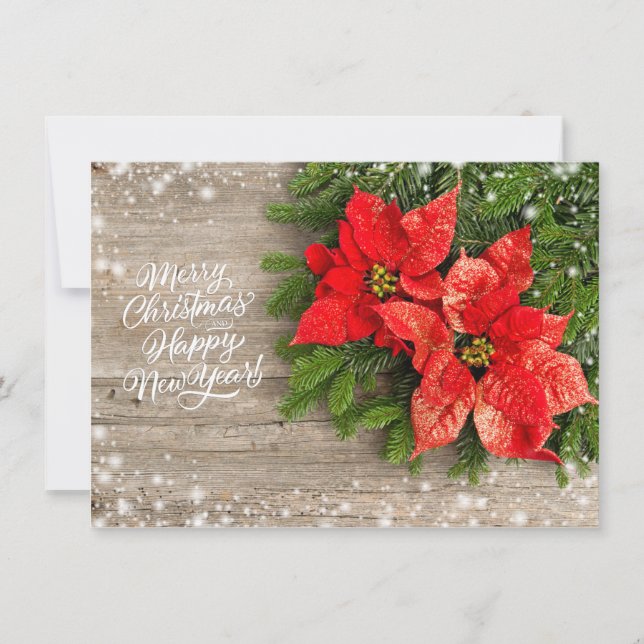 Cartes Pour Fêtes Annuelles Poinsettia sur le bois de Noël (Devant)
