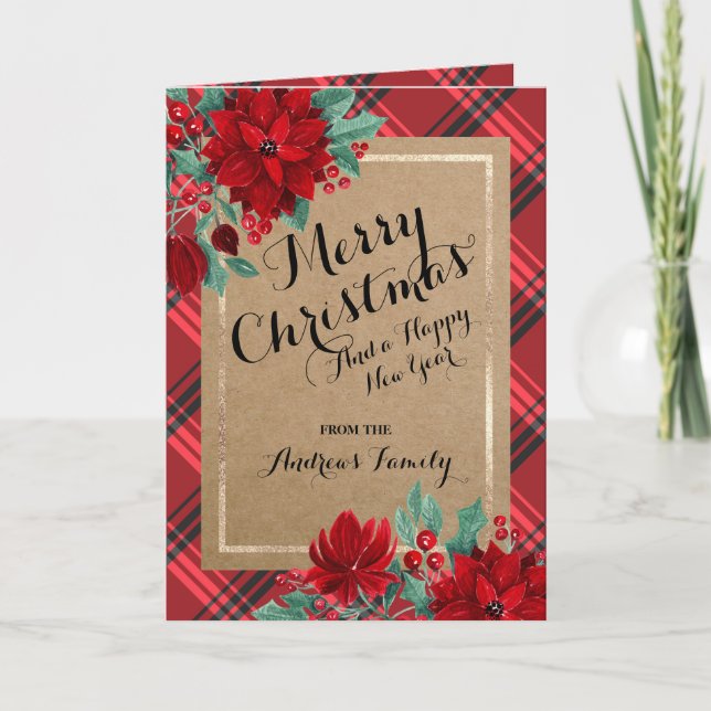 Cartes Pour Fêtes Annuelles Poinsettia Tartan Kraft Joyeux Russe Noël (Devant)