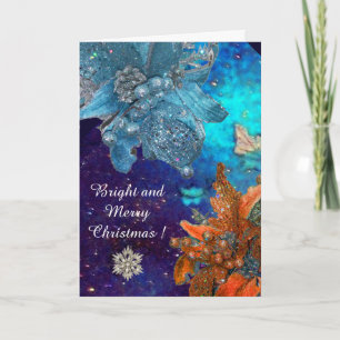 CARTES POUR FÊTES ANNUELLES POINSETTIAS BLEU ROUGE, ÉTOILES DE DIAMONT, ÉPARGN