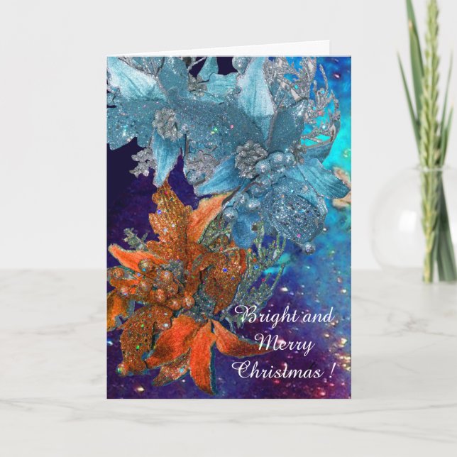 CARTES POUR FÊTES ANNUELLES POINSETTIAS BLEU ROUGE, ÉTOILES XMAS EN ÉTOILES D' (Devant)