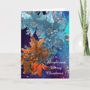 CARTES POUR FÊTES ANNUELLES POINSETTIAS BLEU ROUGE, ÉTOILES XMAS EN ÉTOILES D'