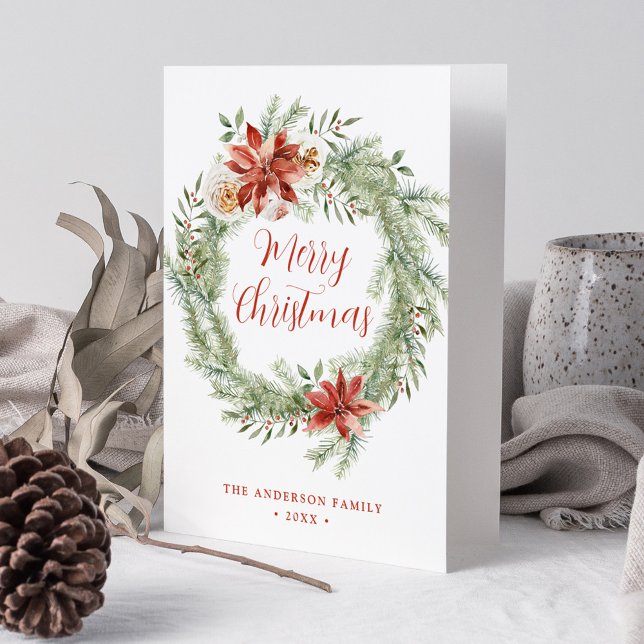 Cartes Pour Fêtes Annuelles Poinsettias élégantes et verdure non photo (Créateur téléchargé)