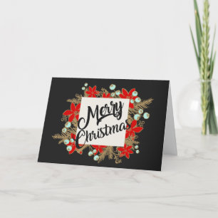 Cartes Pour Fêtes Annuelles Poinsettias Whimsical Joyeuse couronne de Noël
