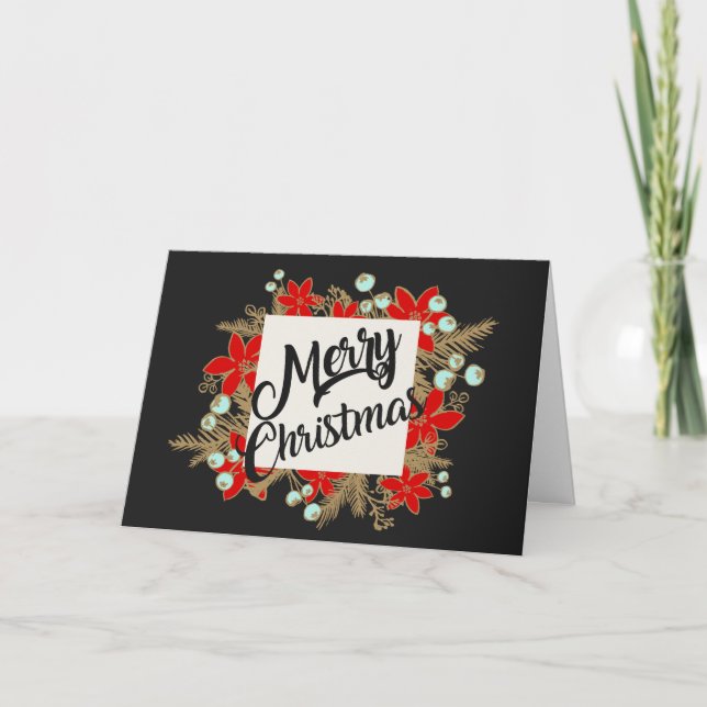 Cartes Pour Fêtes Annuelles Poinsettias Whimsical Joyeuse couronne de Noël (Devant)