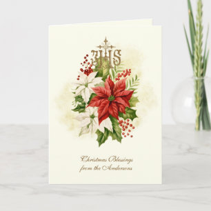 CARTES POUR FÊTES ANNUELLES POINSETTIE CATHOLIQUE IHS NOM SAINT DE JÉSUS