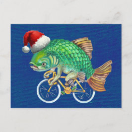 Cartes Pour Fêtes Annuelles Poisson Sur Un Vélo Portant Le Chapeau Du Père Noë