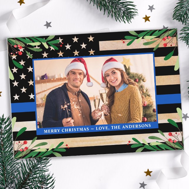 Cartes Pour Fêtes Annuelles Police Christmas Custom Photo Blue American Flag (Créateur téléchargé)