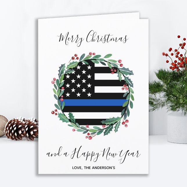 Cartes Pour Fêtes Annuelles Police Mince Ligne Bleue Noël Wreath Holiday Ca (Créateur téléchargé)
