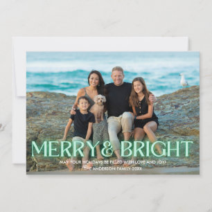 Cartes Pour Fêtes Annuelles Police Moderne Verte Lumineuse Merry & Bright Une