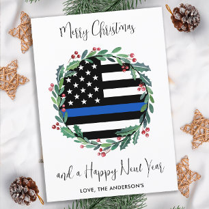 Cartes Pour Fêtes Annuelles Police Noël Mince Ligne Bleue Drapeau Wreath