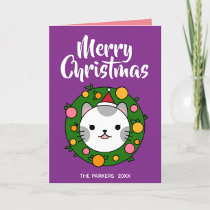 Cartes Pour Fêtes Annuelles Polka Dot Cat Wreath Purple Joyeux Noël Photo