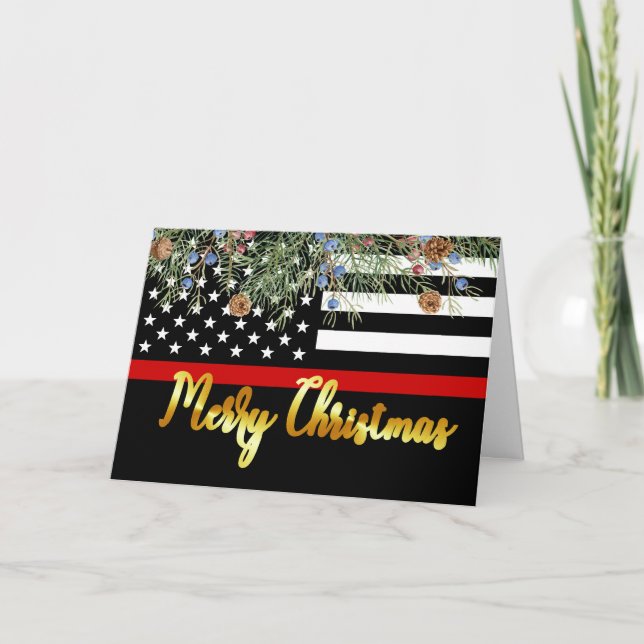 Cartes Pour Fêtes Annuelles Pompier Joyeux pompier de Noël Mince ligne rouge (Devant)