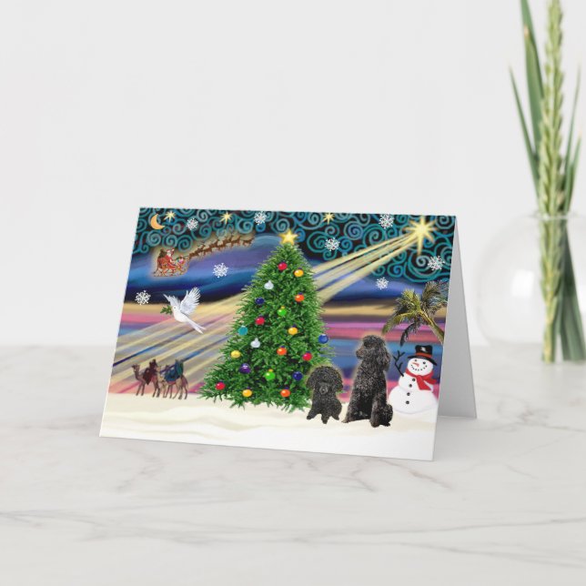 Cartes Pour Fêtes Annuelles Poodles magiques de Noël (deux jouets noirs) (Devant)