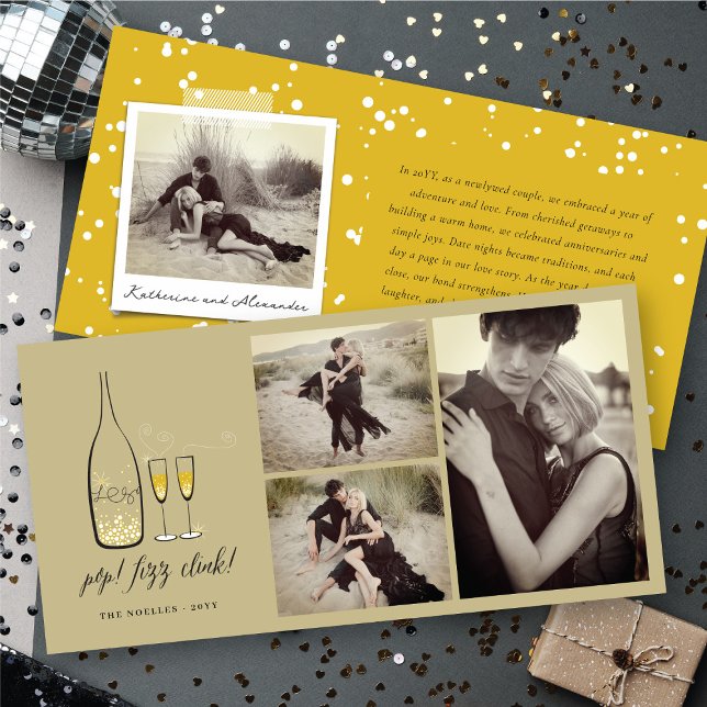 Cartes Pour Fêtes Annuelles Pop Fizz Clink Gold Champagne Chic 3 Photo (Pop Fizz Clink Stylish Gold Champagne Chic 3 Photo Collage Holiday Card @ fat_fa_tin)