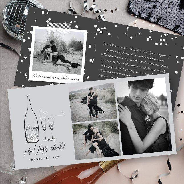 Cartes Pour Fêtes Annuelles Pop Fizz Clink Style Champagne Argent Chic Photo (Pop Fizz Clink Stylish Silver Champagne Chic 3 Photo Collage Holiday Card @ fat_fa_tin)