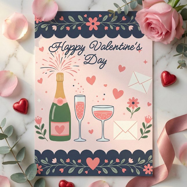 Cartes Pour Fêtes Annuelles Popping Champagne Bottle & Hearts Valentine's Day (Créateur téléchargé)