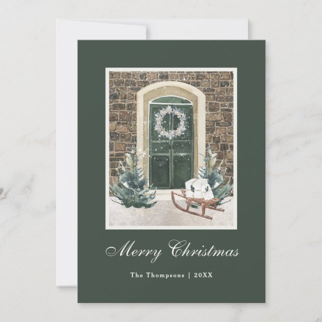 Cartes Pour Fêtes Annuelles Porte de Noël enneigée Vert foncé (Devant)