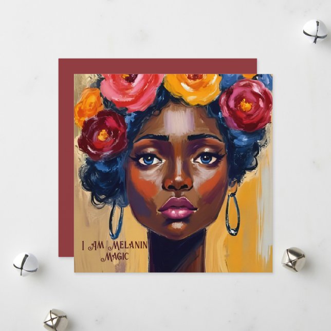 Cartes Pour Fêtes Annuelles Portrait floral Afro femme (Devant/Arrière en situation)