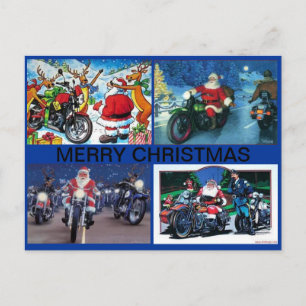 CARTES POUR FÊTES ANNUELLES POSTCARD WITH FOUR SANTA MOTORCYCLE SCENES