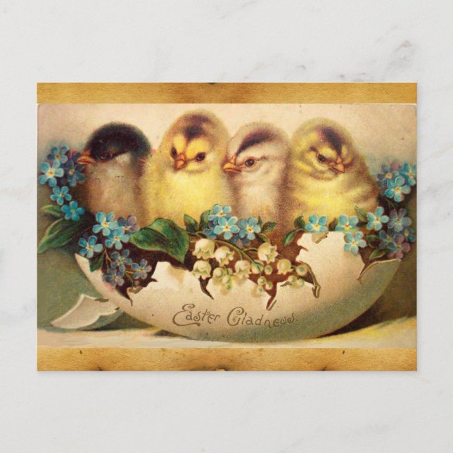CARTES POUR FÊTES ANNUELLES POULET AVEC FLEURS EN PARCHEMENT D'OEUFS DE PÂQUES (Devant)