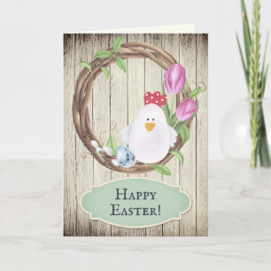 Cartes Pour Fêtes Annuelles Poulet mignon, Oeufs, Guirlande et Tulipes Joyeux 