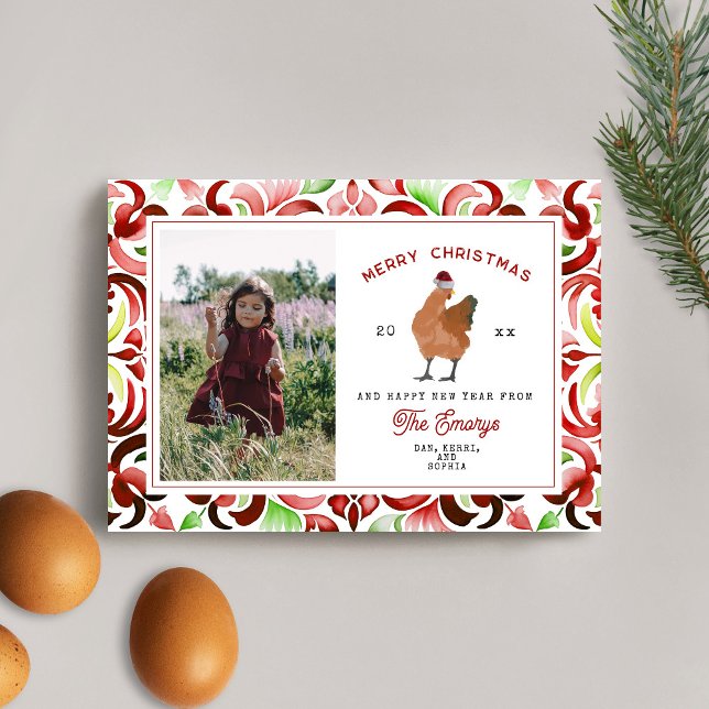 Cartes Pour Fêtes Annuelles Poulet rouge et vert aquarelle photo de Noël (Créateur téléchargé)