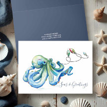 Poulpe Bleu Aquarelle Noël de Plage