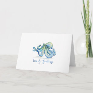 Cartes Pour Fêtes Annuelles Poulpe de bienvenue et mers bleu côtier aquarelle