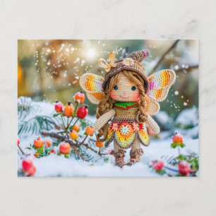 Cartes Pour Fêtes Annuelles Poupée Fée au Crochet avec Neige et Cynorrhodons