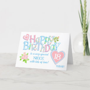 Cartes Pour Fêtes Annuelles Pour Nièce 18e anniversaire Rose Coeurs Word Art C