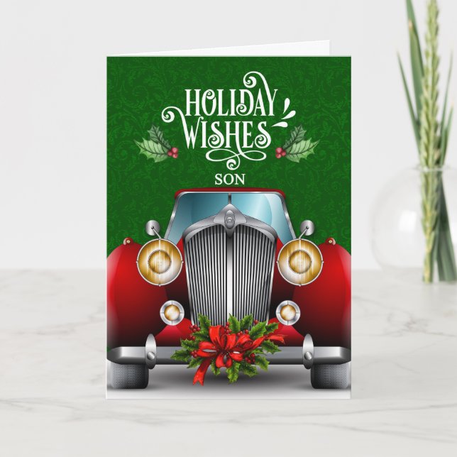 Cartes Pour Fêtes Annuelles pour Noël de voiture rouge classique (Devant)