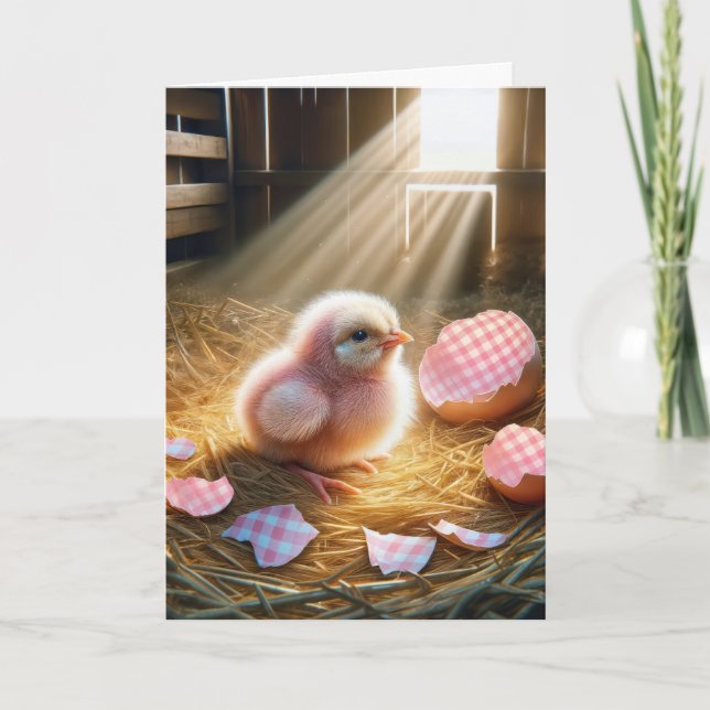 Cartes Pour Fêtes Annuelles Poussette rose Pâques avec En vichy oignon (Devant)