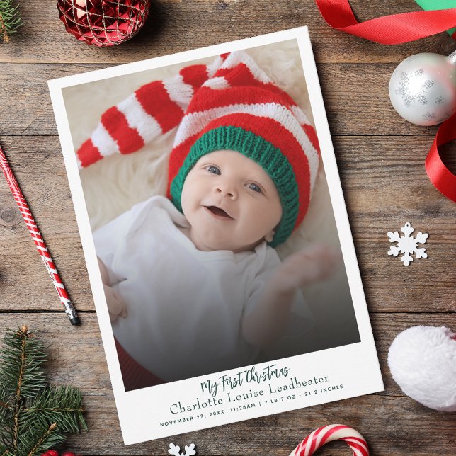 Cartes Pour Fêtes Annuelles Premier Noël bébé naissance photo moderne (Baby First Christmas Script Greetings Card)