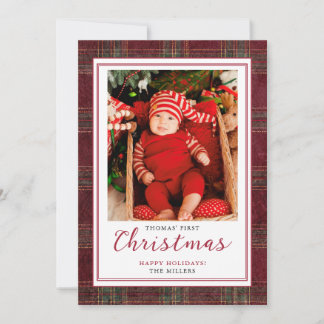 Cartes Pour Fêtes Annuelles Premier Noël Bébé Tartan Plaid Bourgogne Vert