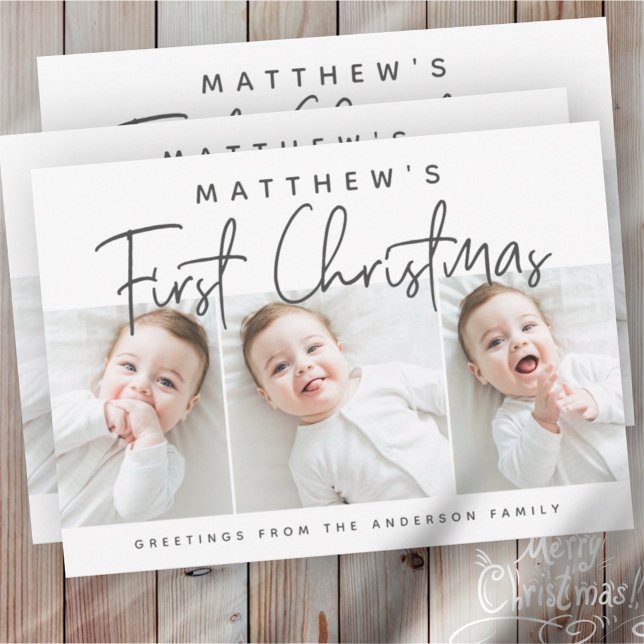 Cartes Pour Fêtes Annuelles Premier Noël de bébé moderne simple trois photos (Créateur téléchargé)
