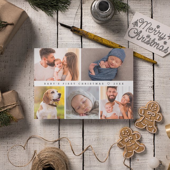 Cartes Pour Fêtes Annuelles Premier Noël de bébé photo moderne Collage Happy (Baby's first Christmas, newborn photography custom family holiday card.)