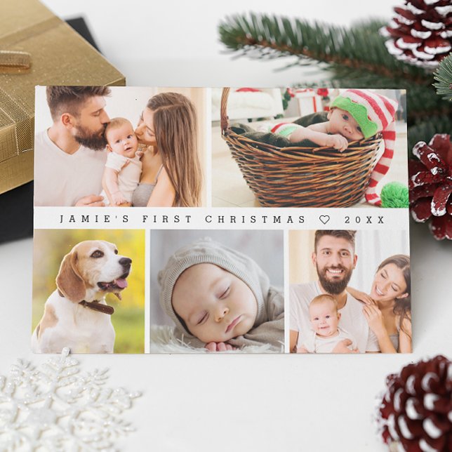 Cartes Pour Fêtes Annuelles Premier Noël de bébé photo personnalisée moderne H (Modern Simple Family photo collage baby's first Christmas holiday card.)