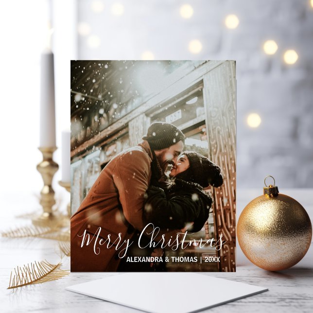 Cartes Pour Fêtes Annuelles Premier Noël Marié Engagé Blanc | PHOTO (First Christmas Married Engaged White  PHOTO Holiday Postcard)