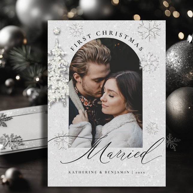 Cartes Pour Fêtes Annuelles Premier Noël Marié Paillettes Bohème Arche Photo (christmas card first married couple black white glitter sparkle boho arch modern minimalist)