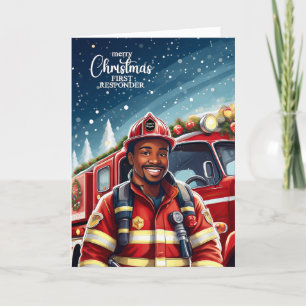 Cartes Pour Fêtes Annuelles Premier répondeur noir homme pompier Noël
