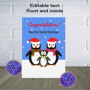 Cartes Pour Fêtes Annuelles Première famille de pingouins de Noël texte modifi