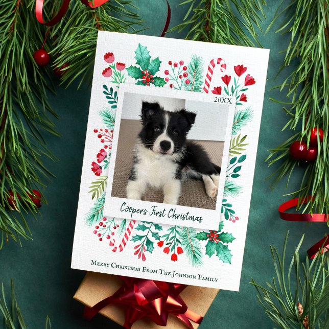 Cartes Pour Fêtes Annuelles Première photo de Noël de Chiot Aquarelle Botaniqu (Puppy's First Christmas Photo Holiday Card)