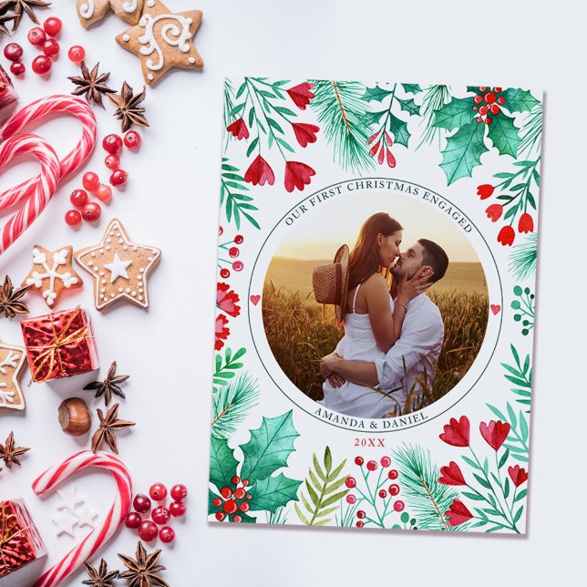 Cartes Pour Fêtes Annuelles Première photo de Noël Engagé Couple photo aquarel (Our First Christmas Engaged Watercolor Foliage Holiday Card)