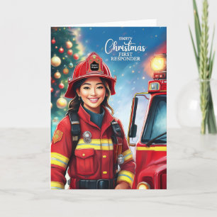 Cartes Pour Fêtes Annuelles Première répondante Asiatique Femme Pompier Noël