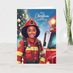 Cartes Pour Fêtes Annuelles Première répondante Black Femme Pompier Noël