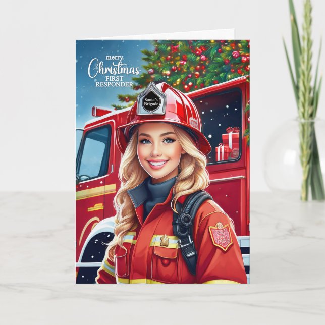 Cartes Pour Fêtes Annuelles Première répondante Pompier Femme Noël (Devant)