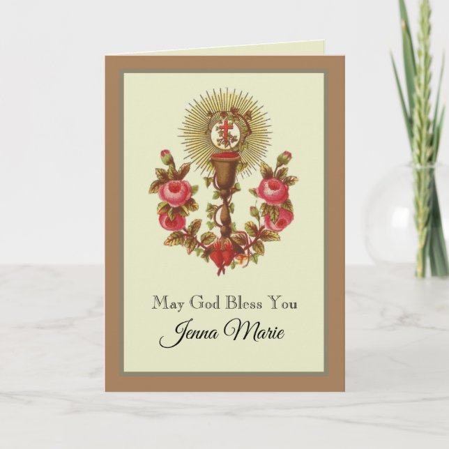 Cartes Pour Fêtes Annuelles Première Sainte Communion Hôte Chalice Roses Vinta (Devant)