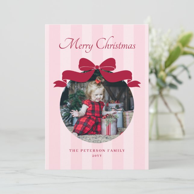 Cartes Pour Fêtes Annuelles Preppy Cute Bow Striped Photo Christmas (Debout devant)